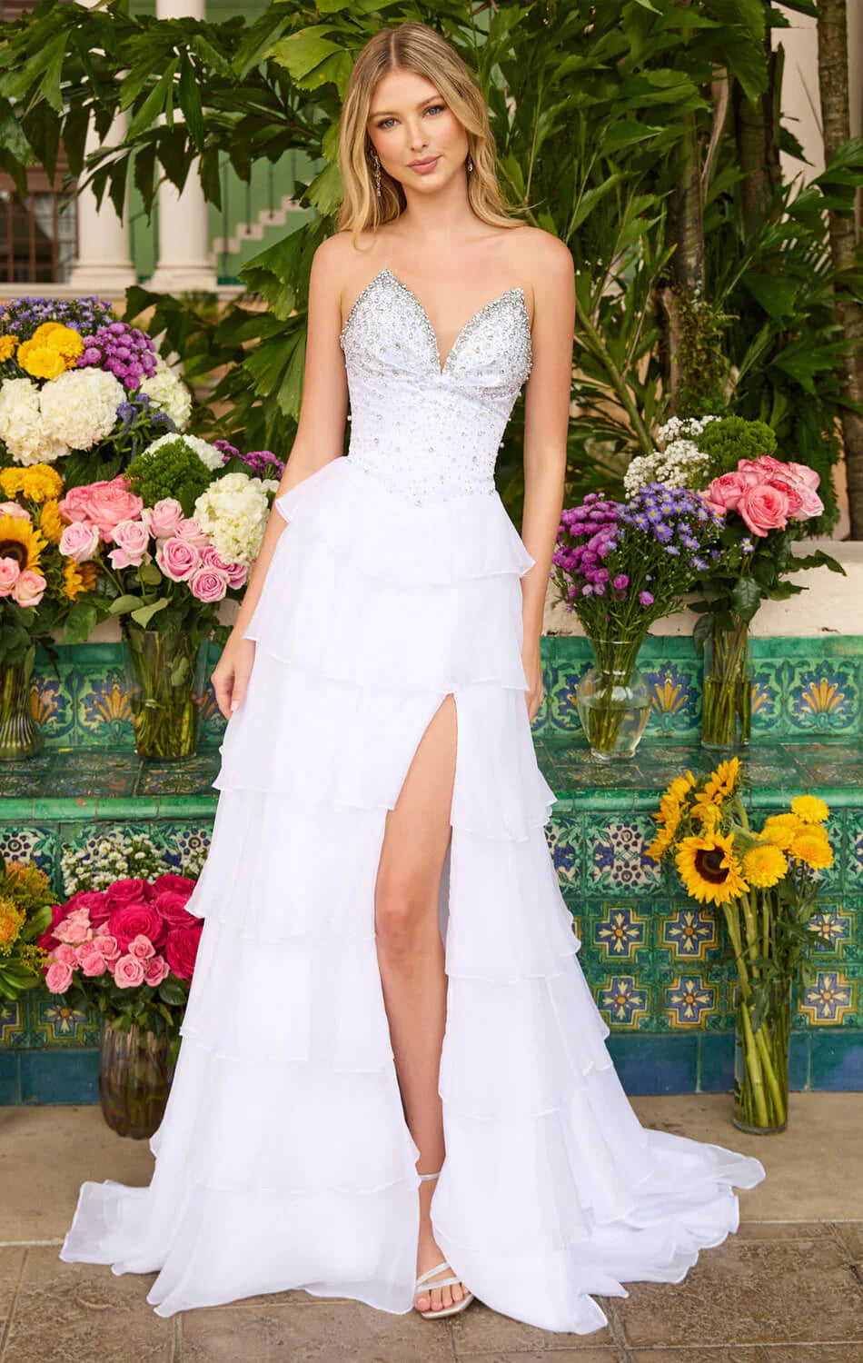 Ava Presley 26407 - Deep V-Neck Tiered Ballgown
