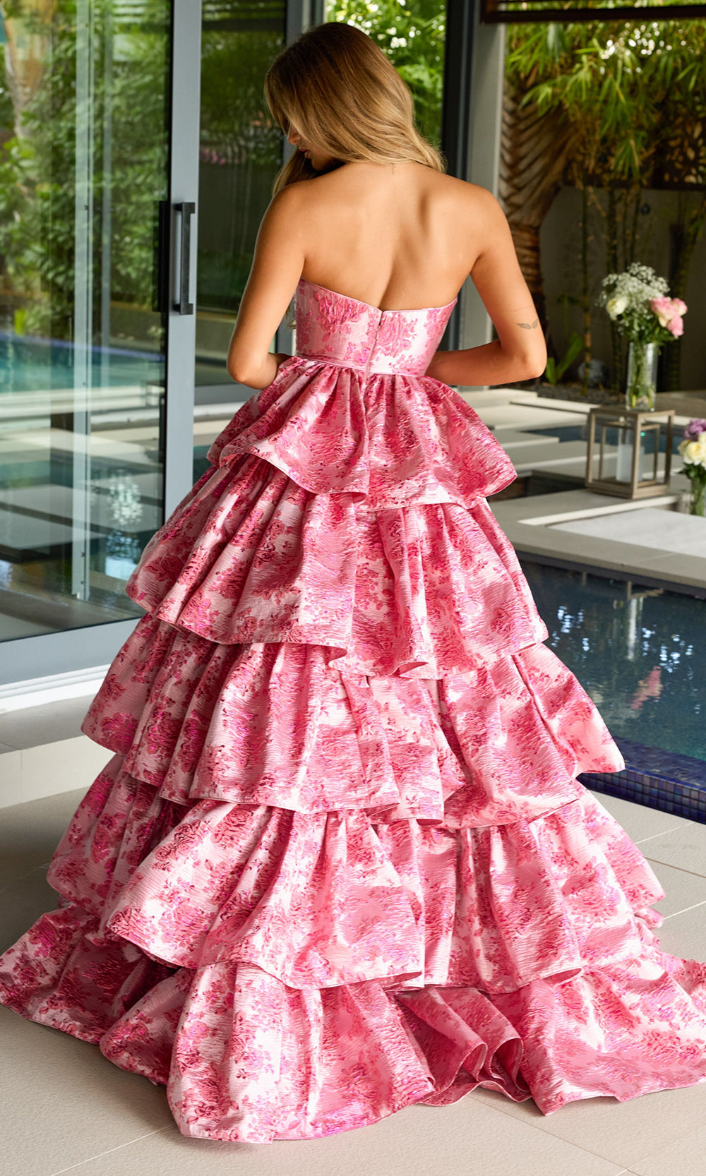 Ava Presley 26412 - Floral Jacquard Ruffle Back BallgownBall Gowns in Pink