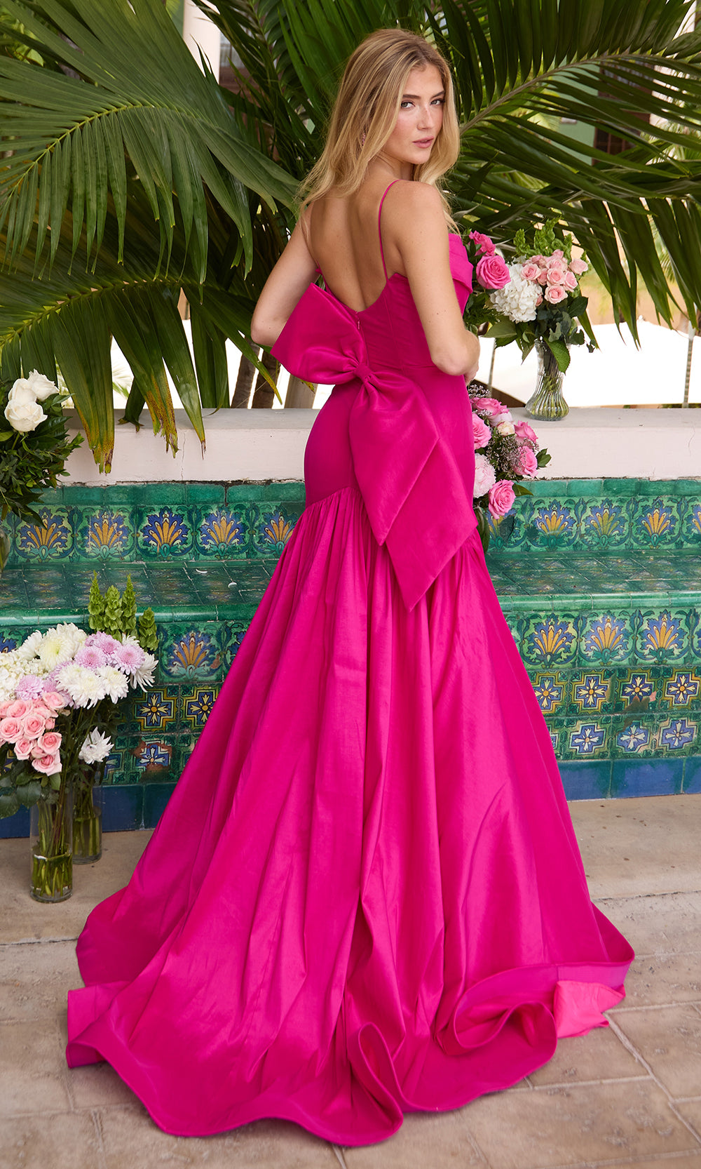 Ava Presley 26422 - Pleated Cowl Neck Bow Accent Mermaid GownProm Dresses in In Magenta