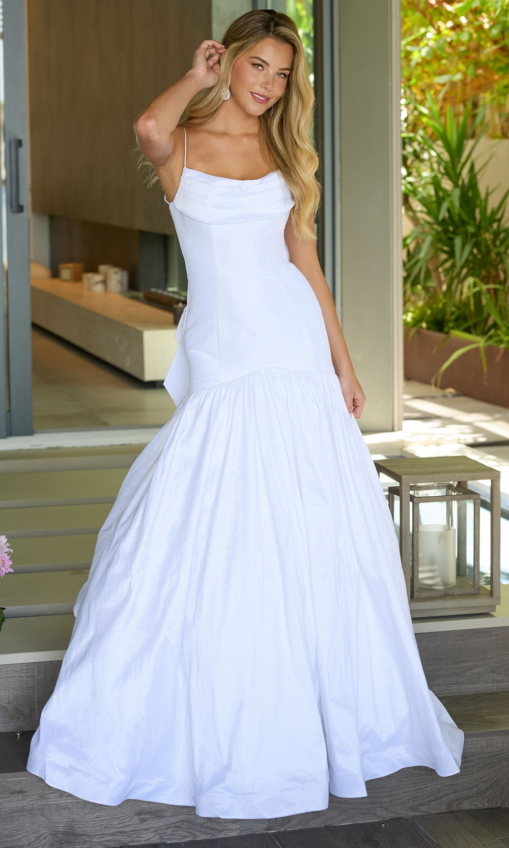 Ava Presley 26422 - Pleated Cowl Neck Bow Accent Mermaid GownProm Dresses in In White
