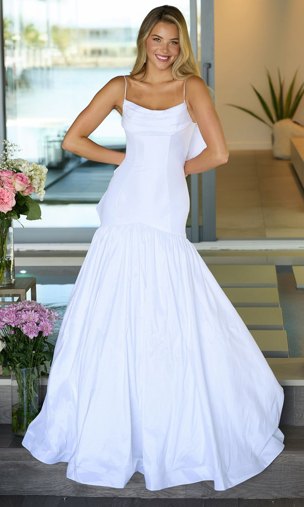 Ava Presley 26422 - Pleated Cowl Neck Bow Accent Mermaid GownProm Dresses in In White