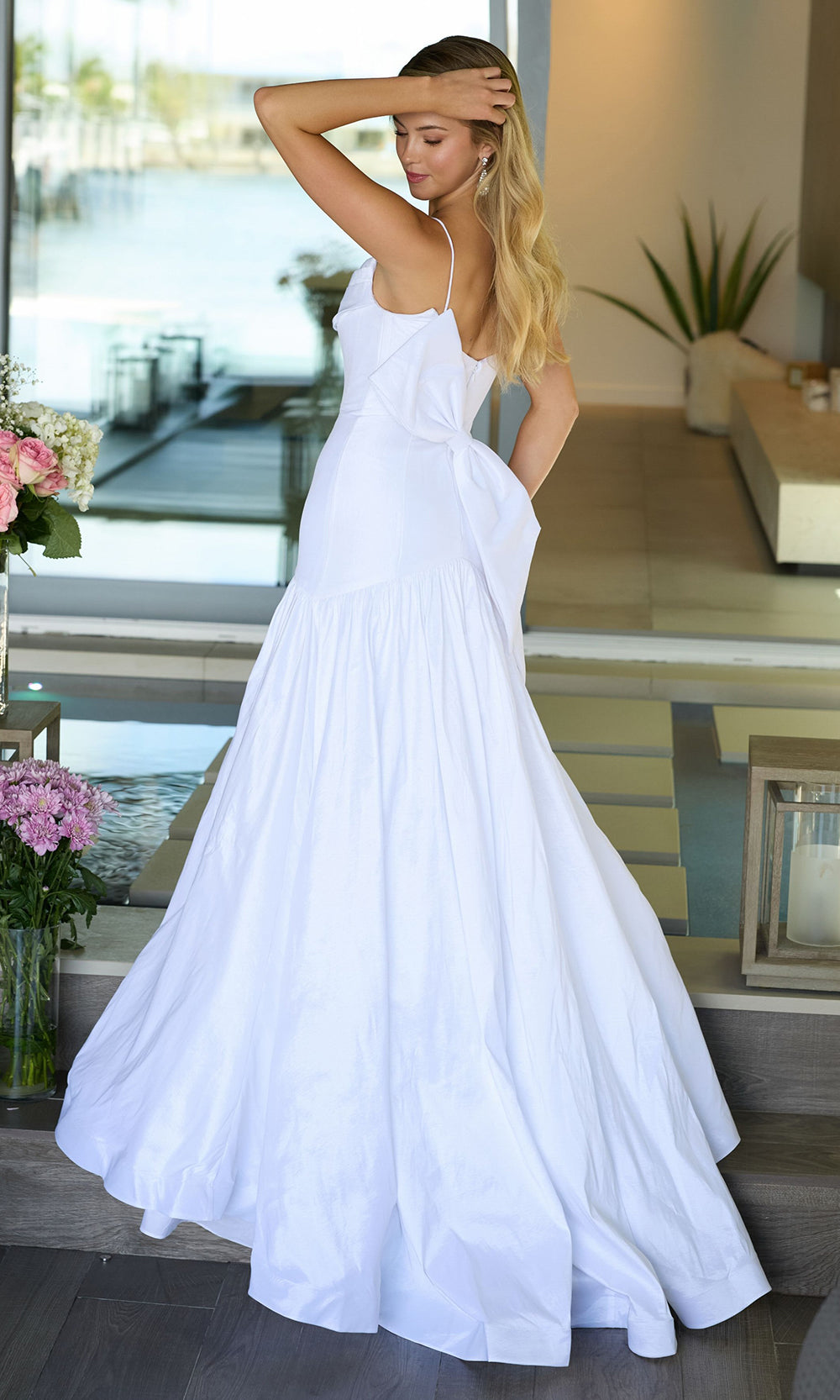 Ava Presley 26422 - Pleated Cowl Neck Bow Accent Mermaid GownProm Dresses in In White