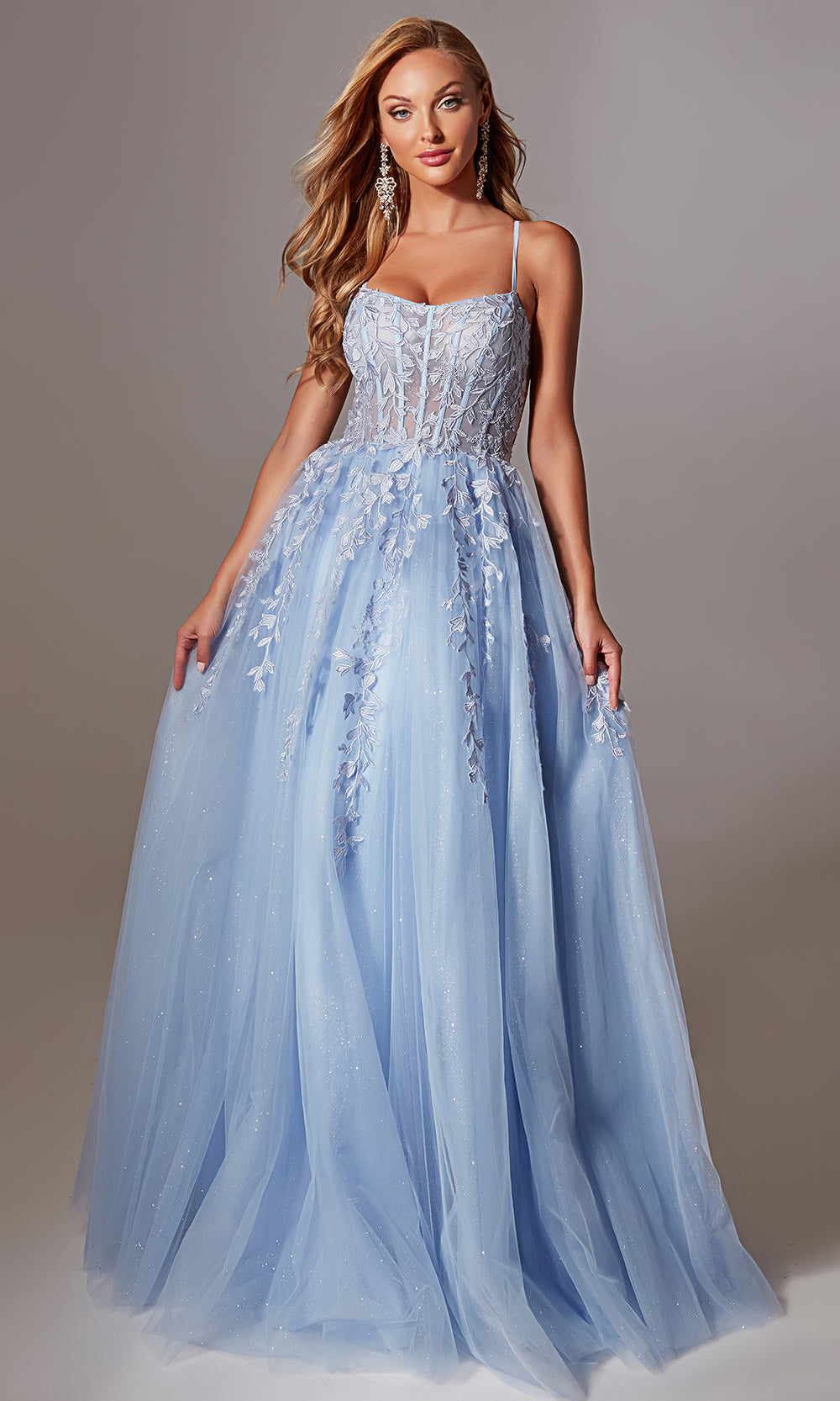 Sheer-Corset Long Prom Dress with Embroidered Lace Light Blue / 16
