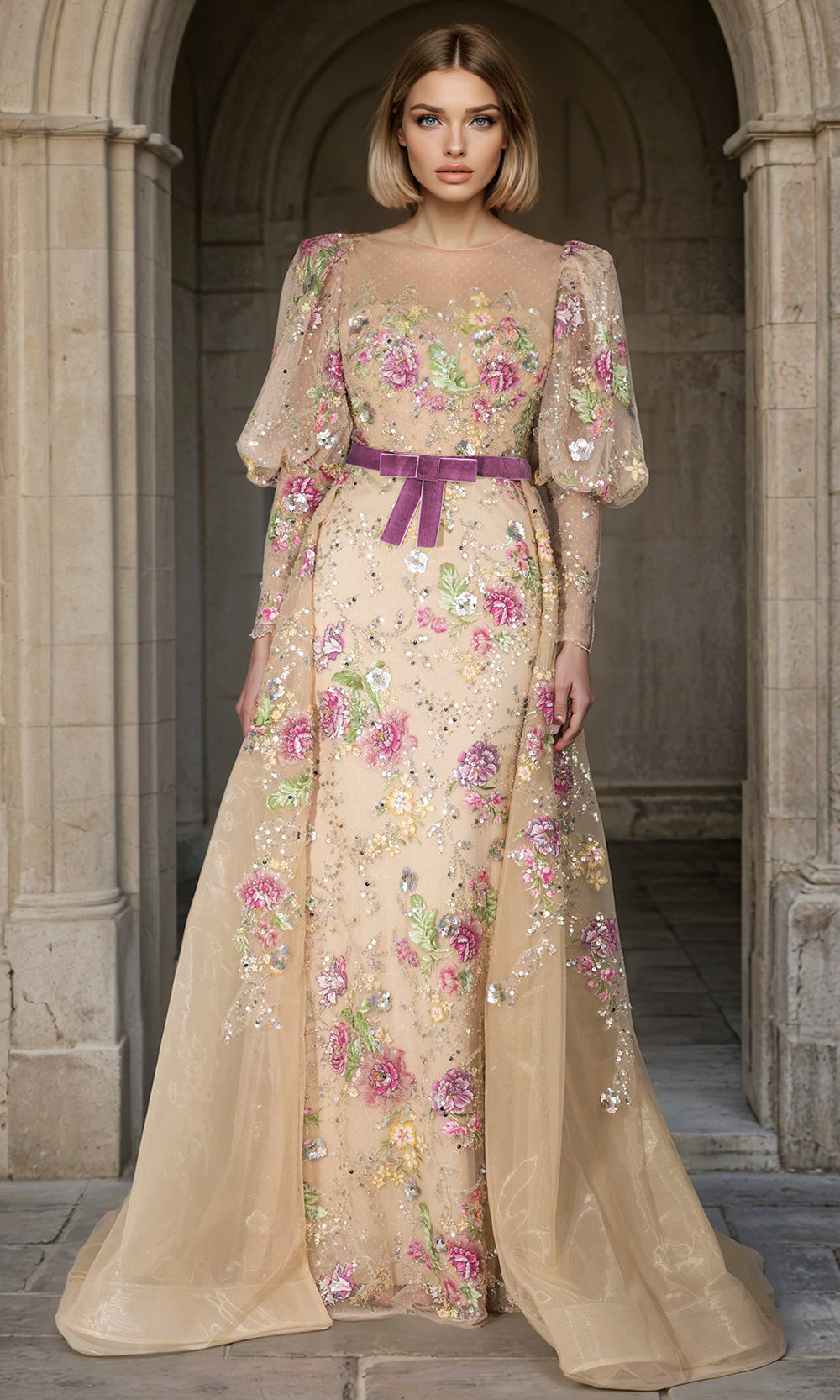 Janique 268003 - Sheer Overskirt Floral A?Line Gown Formal Gowns