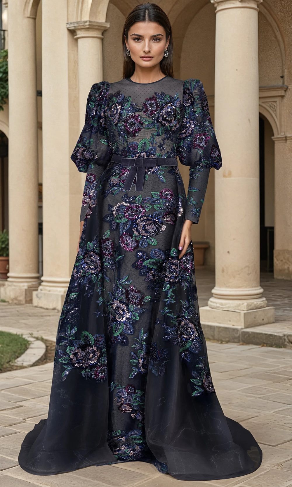 Janique 268003 - Sheer Overskirt Floral A?Line Gown Formal Gowns