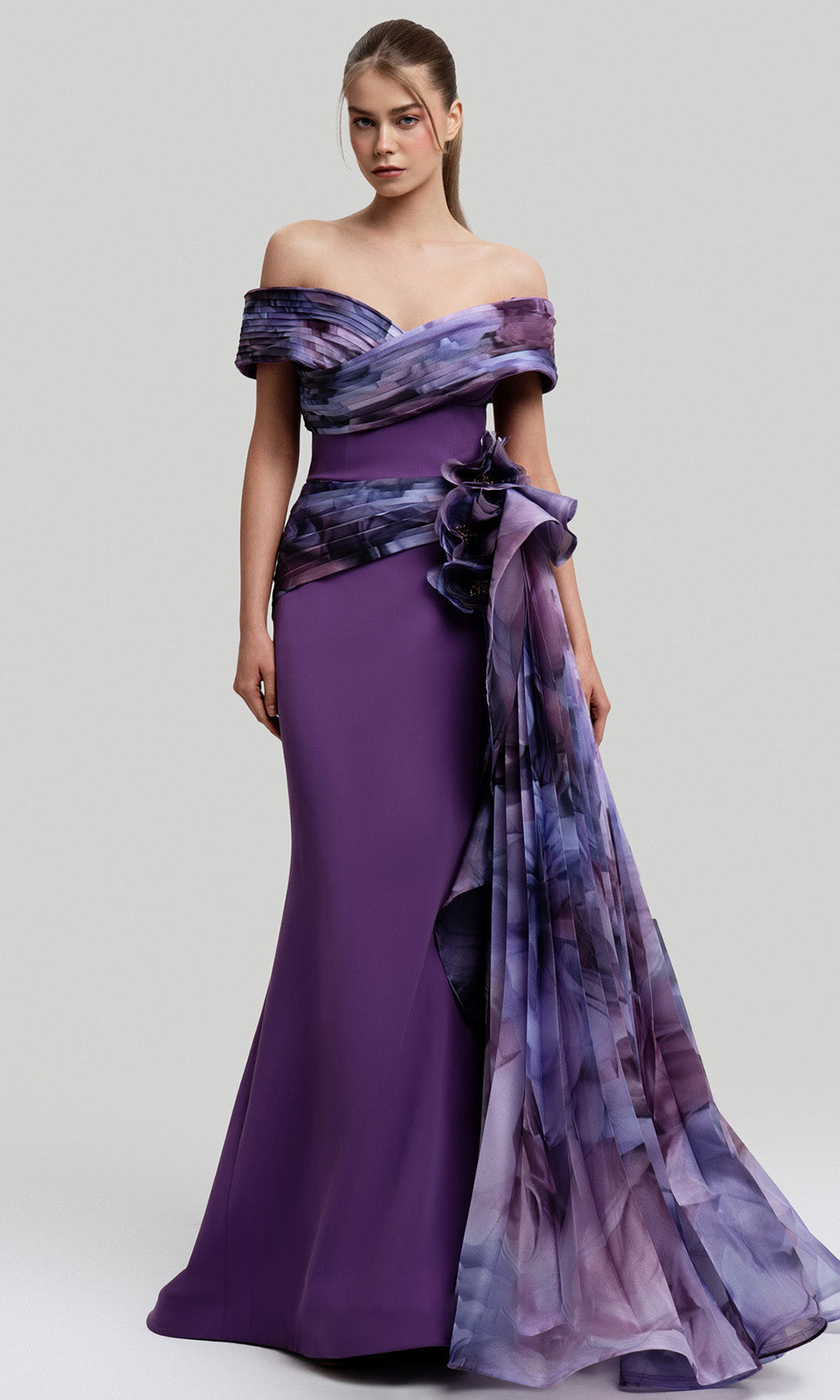 MNM COUTURE 2692A - Floral Print Side Overskirt Evening Gown Mother of the Bride Dresses BrideDresses In Lilac