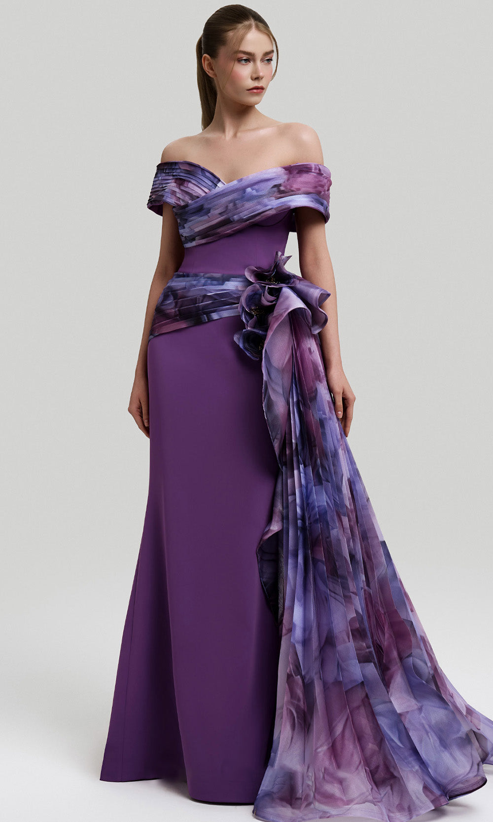 MNM COUTURE 2692A - Floral Print Side Overskirt Evening Gown Mother of the Bride Dresses BrideDresses In Lilac