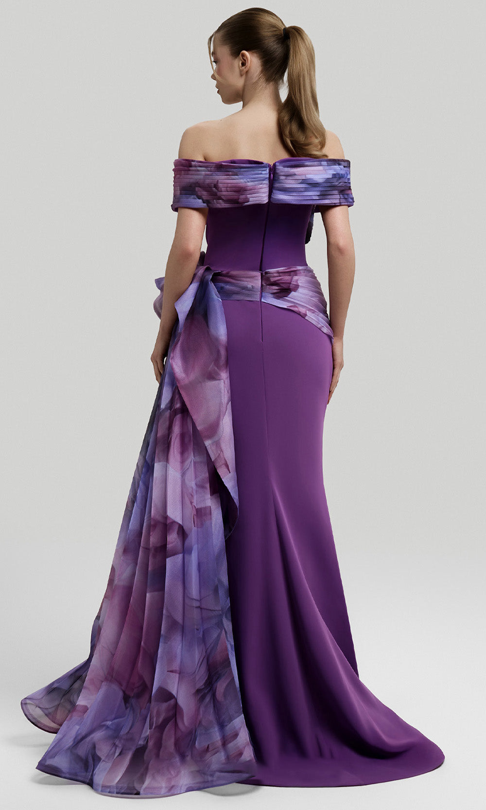 MNM COUTURE 2692A - Floral Print Side Overskirt Evening Gown Mother of the Bride Dresses BrideDresses In Lilac