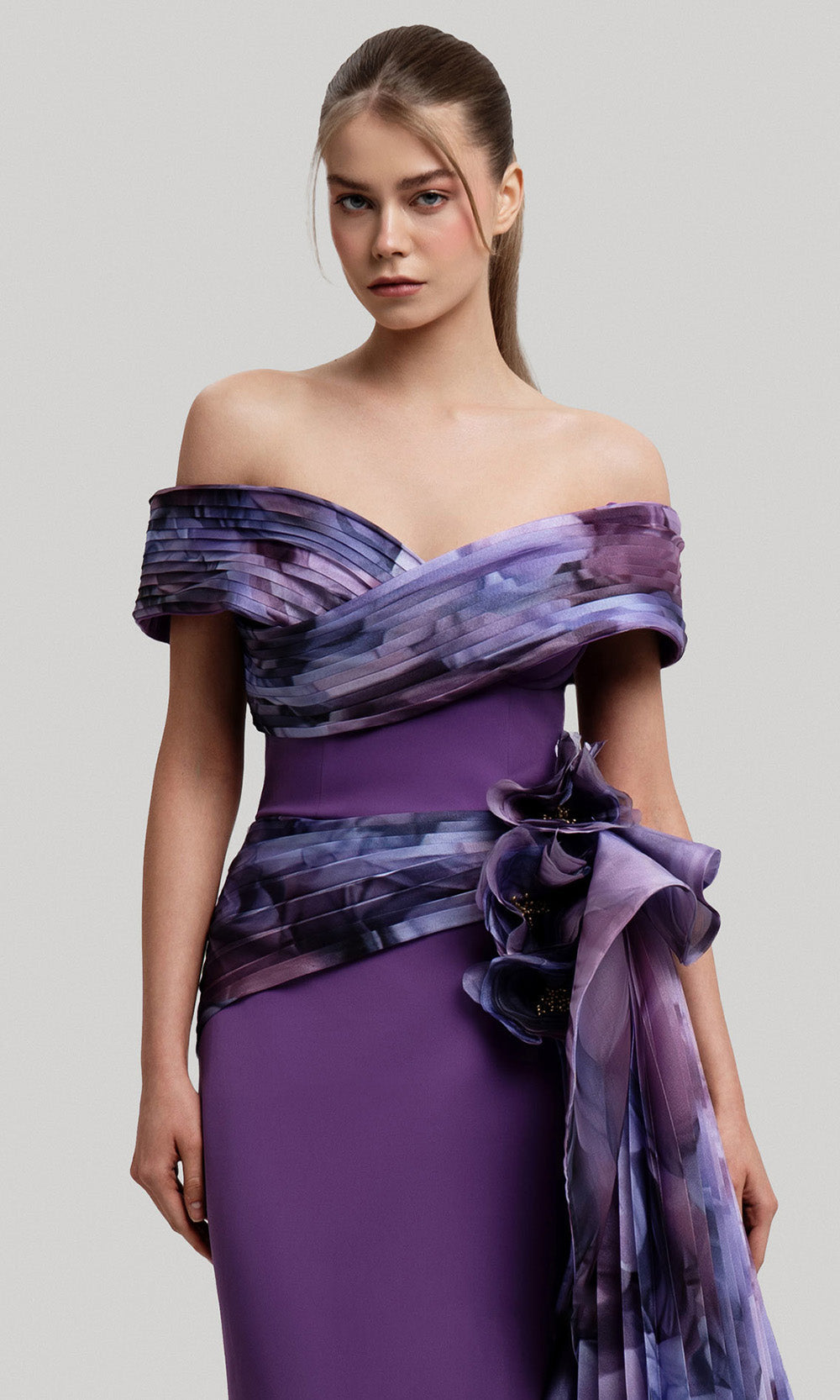 MNM COUTURE 2692A - Floral Print Side Overskirt Evening Gown Mother of the Bride Dresses BrideDresses In Lilac
