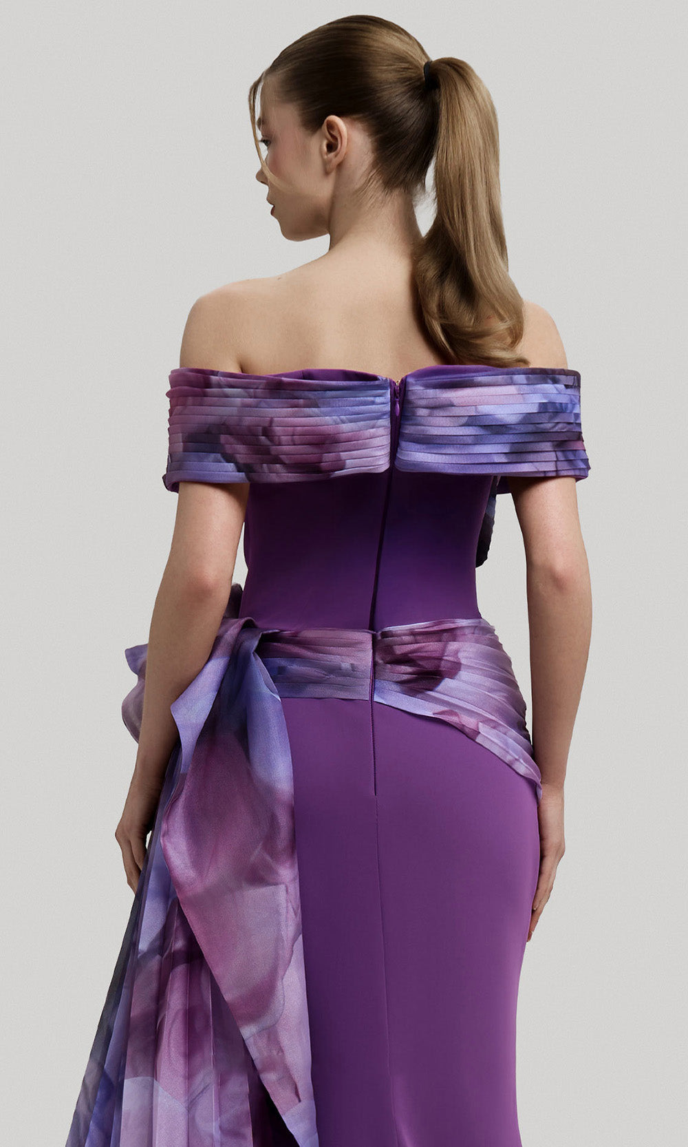 MNM COUTURE 2692A - Floral Print Side Overskirt Evening Gown Mother of the Bride Dresses BrideDresses In Lilac