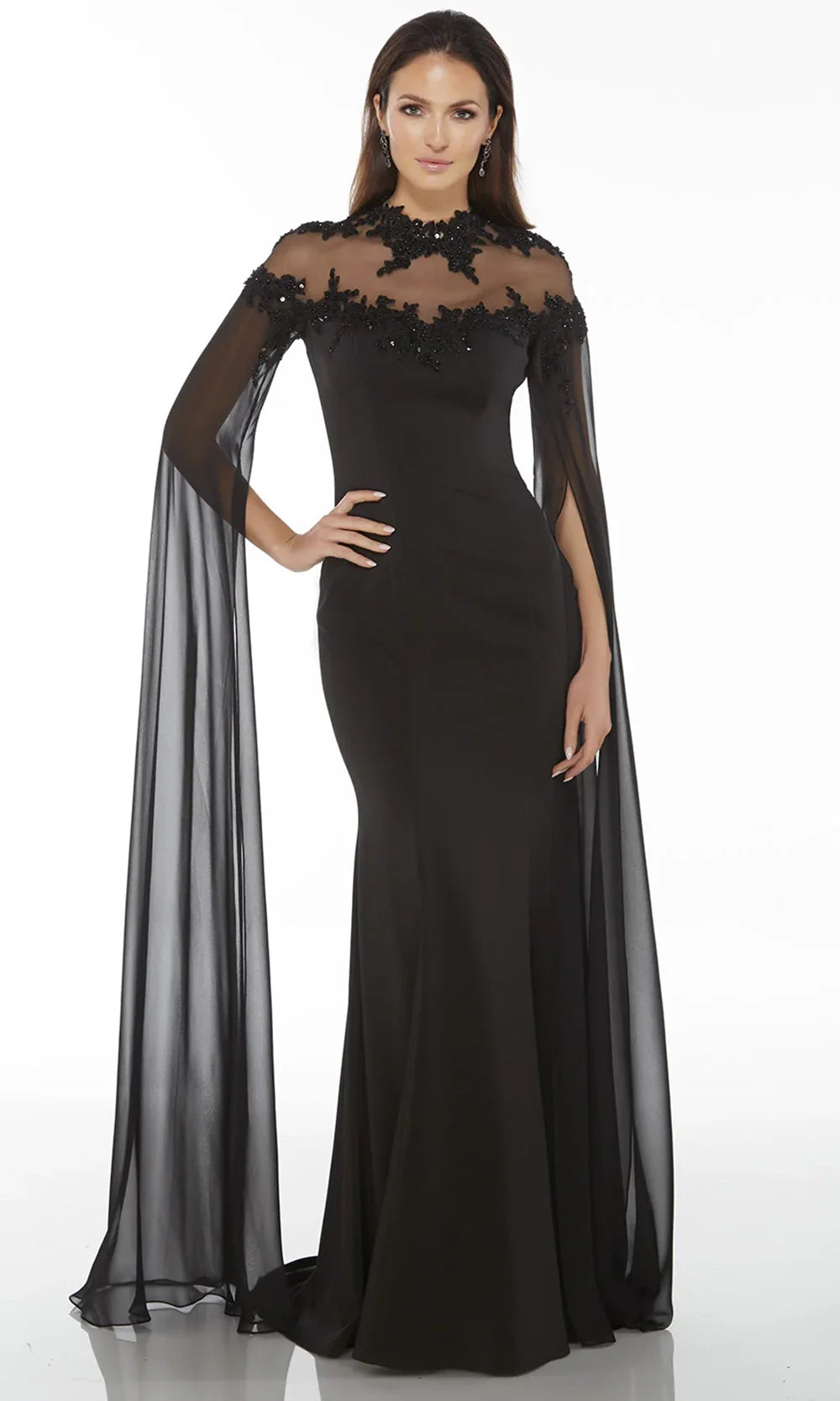 Alyce Paris 27173 - High Neck Crepe Dress with Cape Sleeves
