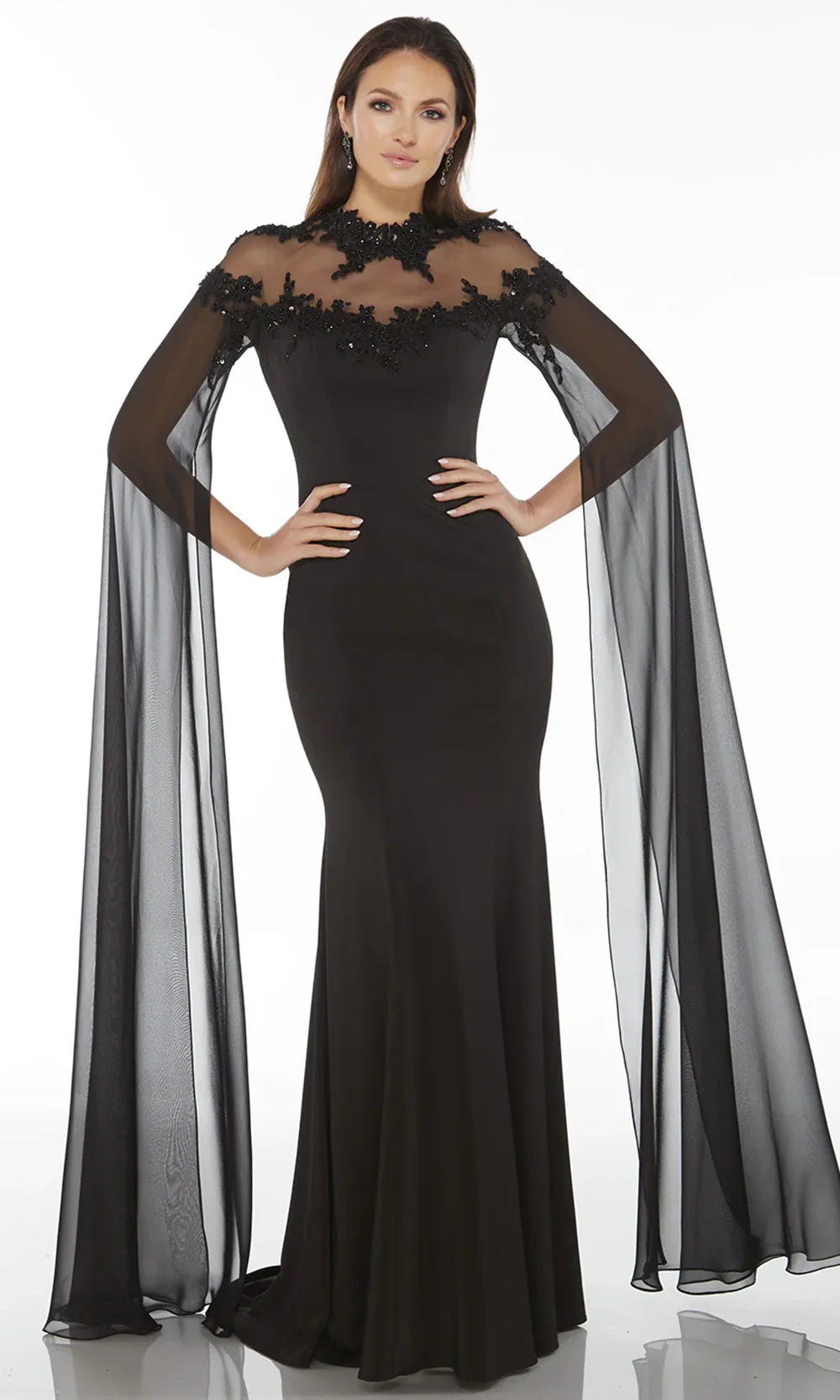 Alyce Paris 27173 - High Neck Crepe Dress with Cape Sleeves