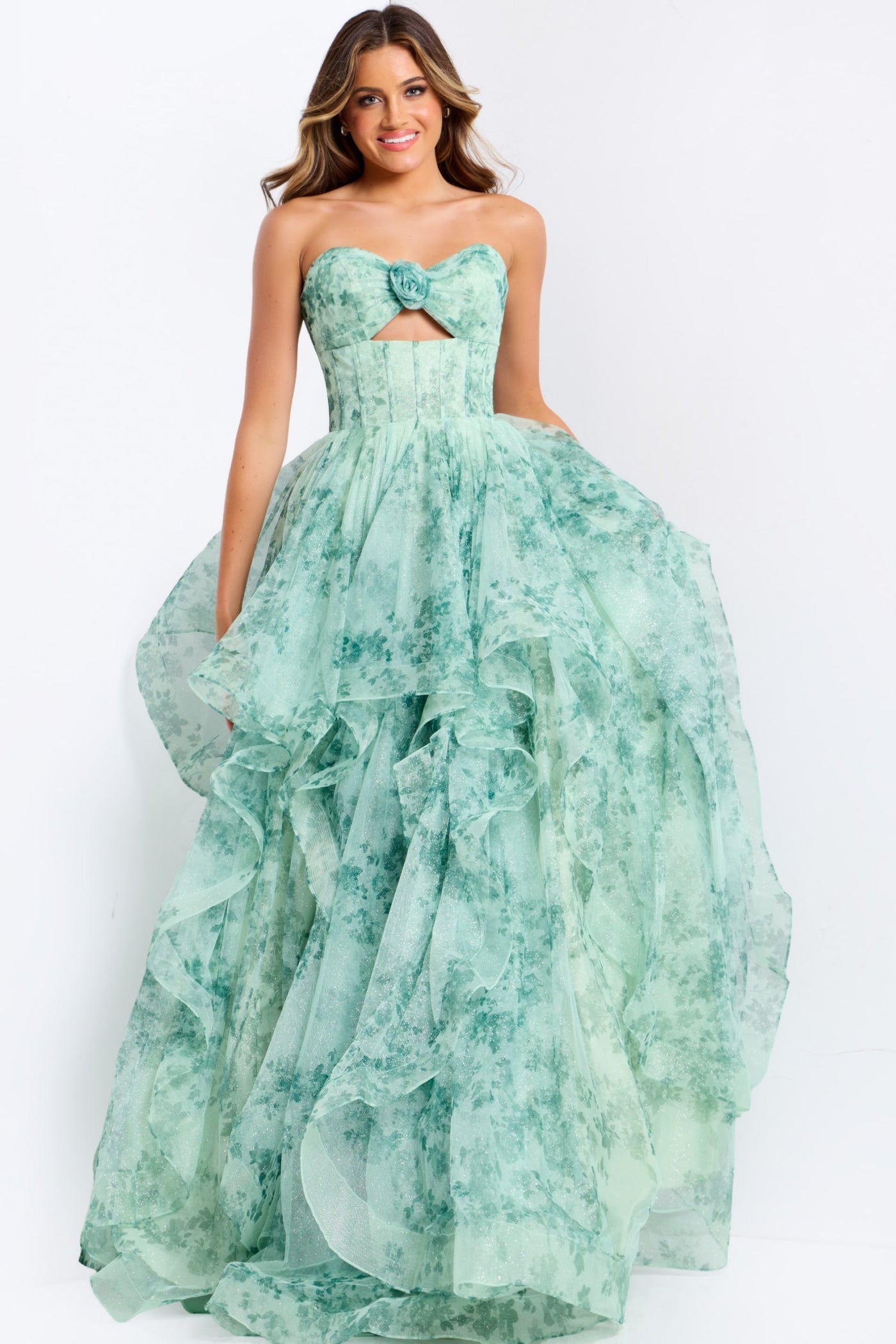 Jovani 49777 - Keyhole Front Floral A-Line Gown Prom Dresses in In Green