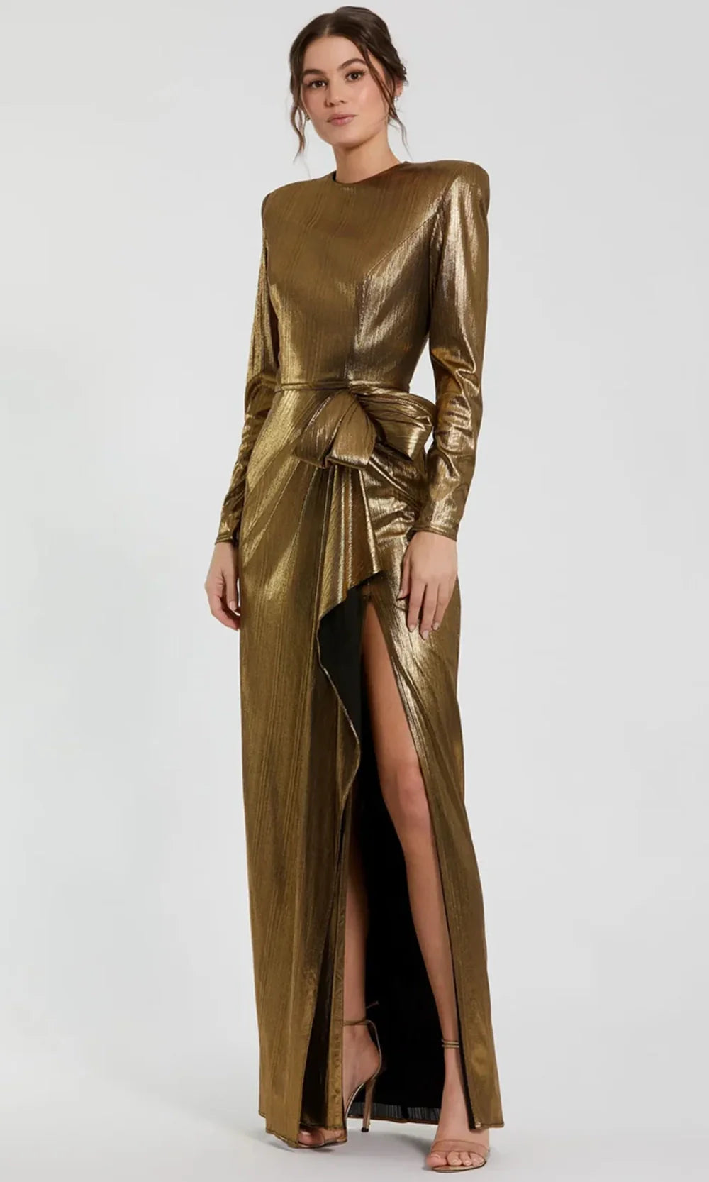 Ieena Duggal 27206 - High Neck Metallic Column Gown with Slit Formal Gowns in Antique Gold 
