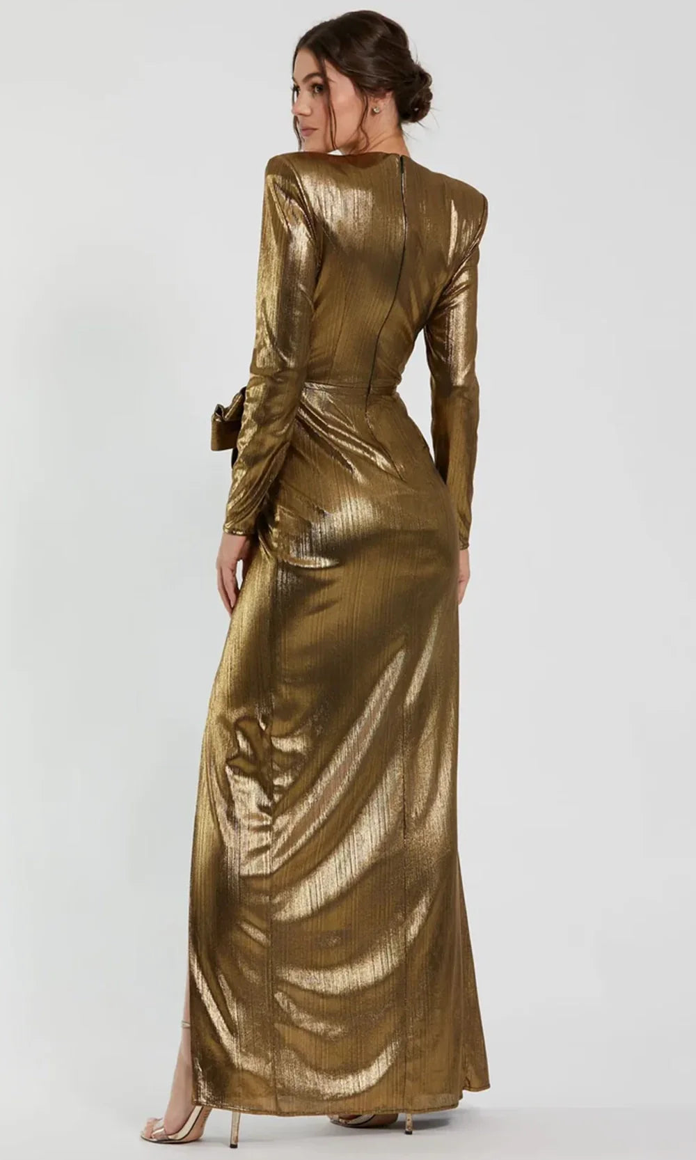 Ieena Duggal 27206 - High Neck Metallic Column Gown with Slit Formal Gowns in Antique Gold 