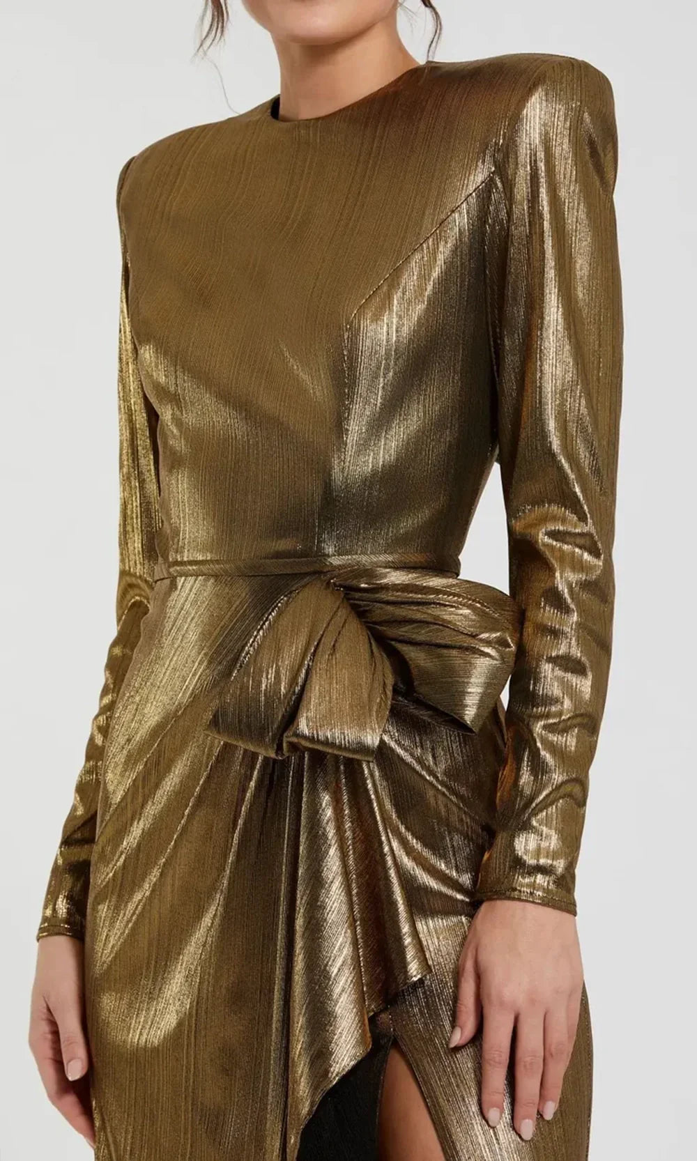 Ieena Duggal 27206 - High Neck Metallic Column Gown with Slit Formal Gowns in Antique Gold 