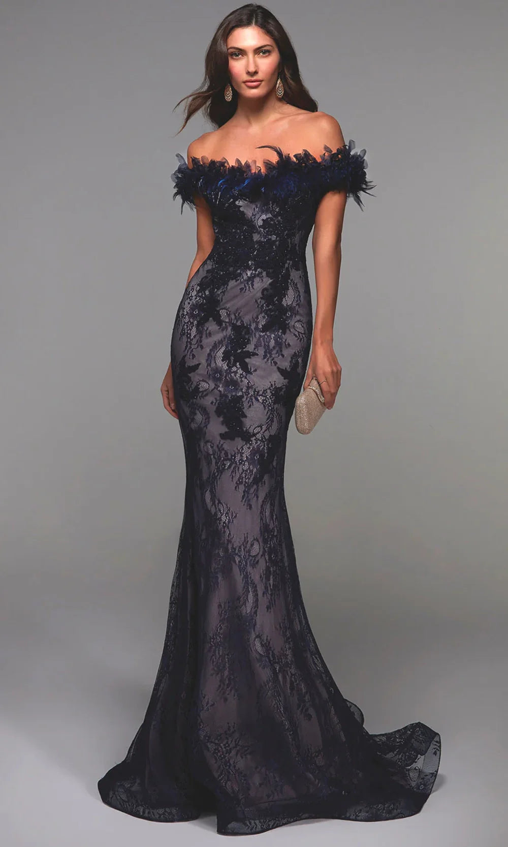 Alyce Paris 27490 - Feathered Off Shoulder Lace Dress Evening Dresses