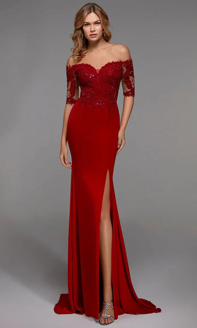 Alyce Paris 27518 - Sheer Sleeve Embellished Dress with Slit Formal Gowns