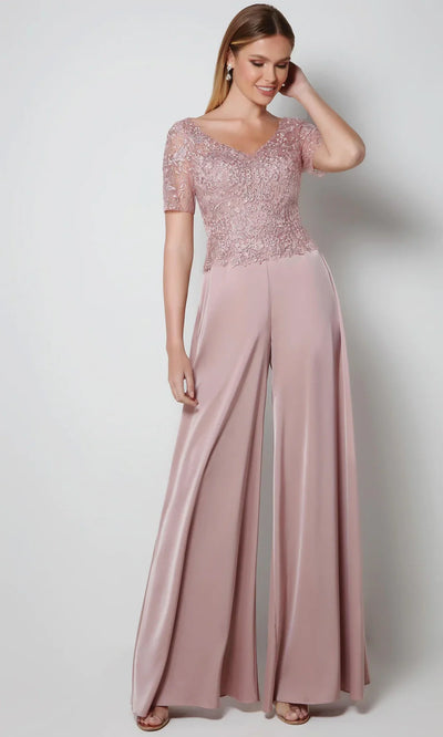 Alyce Paris 27564 - Short Sleeve Embroidered Faille Jumpsuit Formal Pantsuits