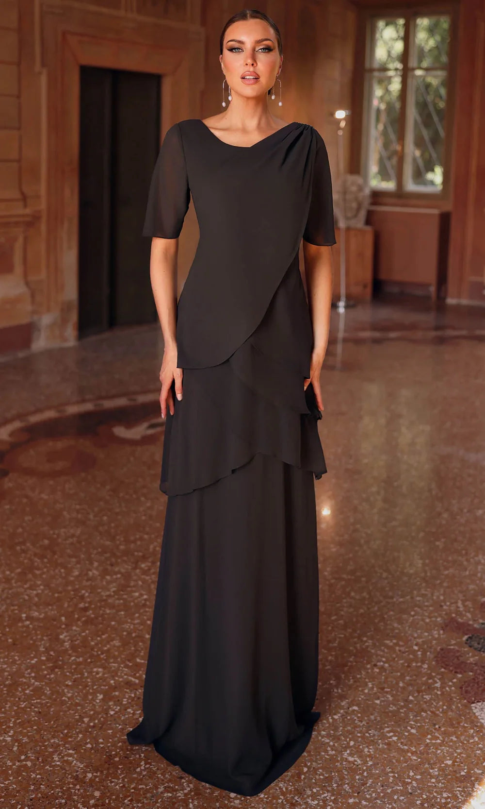 Alyce Paris 27593 - Long Chiffon Sheath Dress - Layered Bodice, Short Sleeves, Tiered Skirt, Scoop Back, Floor Length 10 / Cashmere Rose - Shop Alyce Alyce Paris 27593 - Long Chiffon Sheath Dress - Layered Bodice, Short Sleeves, Tiered Skirt, Scoop Back, Floor Length 10 / Cashmere Rose - Shop Alyce