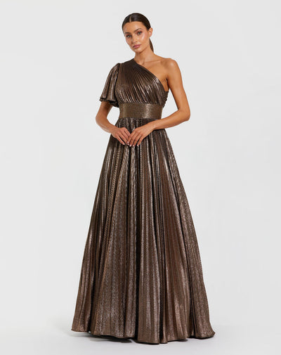 Ieena Duggal 27625 - One Shoulder Metallic Gown with Beaded Waist In Brown