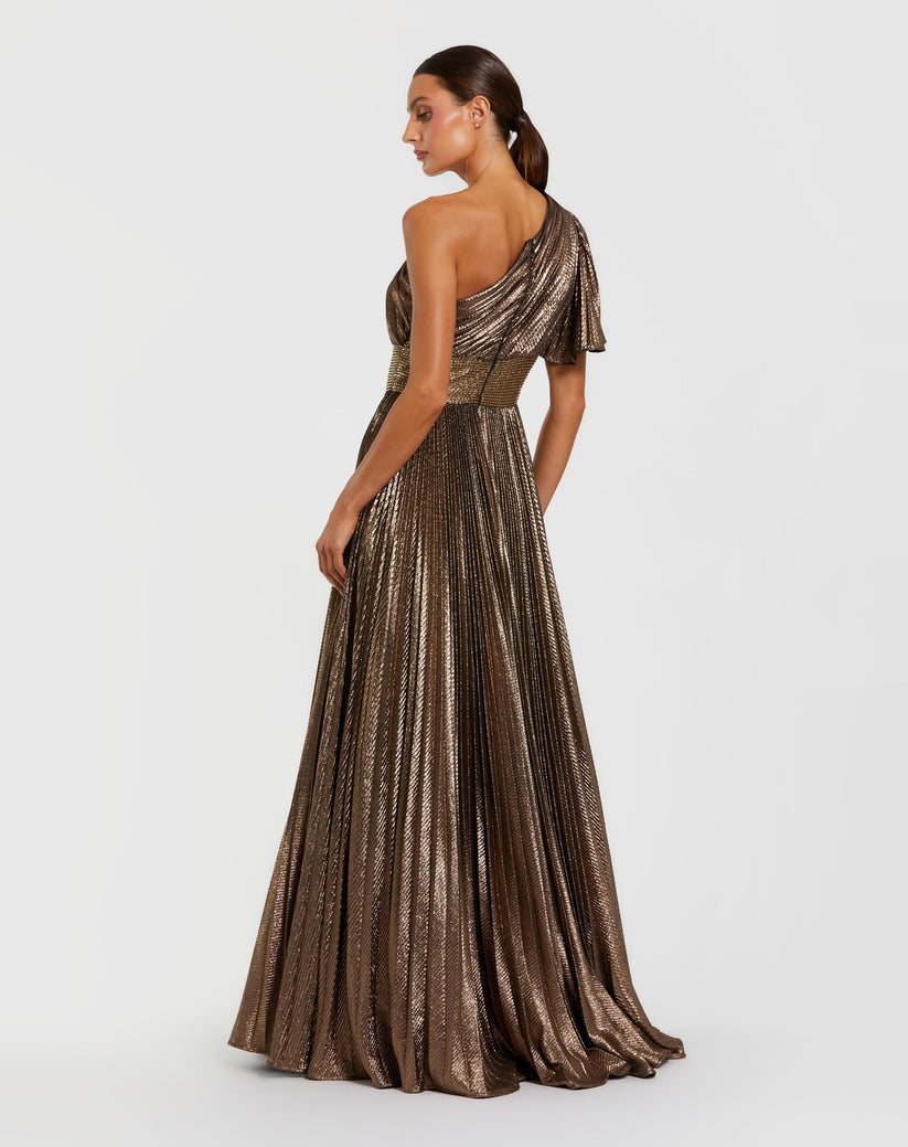 Ieena Duggal 27625 - One Shoulder Metallic Gown with Beaded Waist In Brown