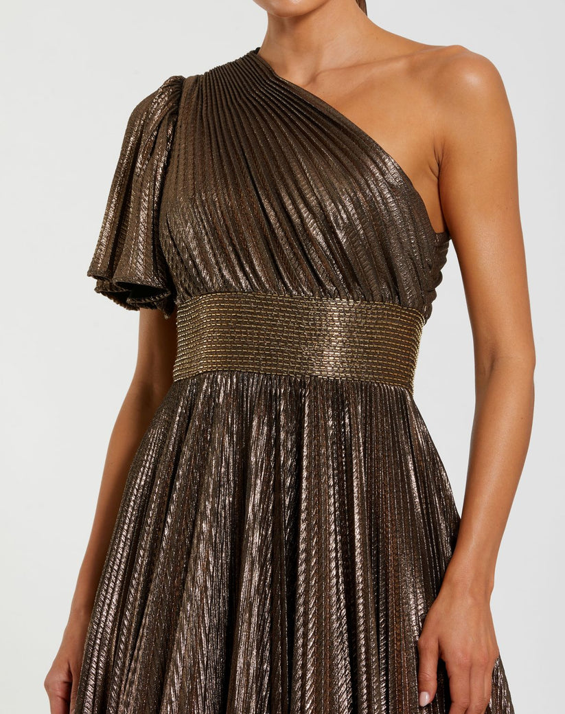 Ieena Duggal 27625 - One Shoulder Metallic Gown with Beaded Waist In Brown
