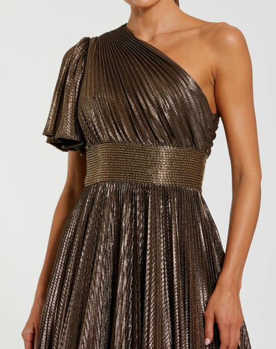 Ieena Duggal 27625 - One Shoulder Metallic Gown with Beaded Waist In Brown