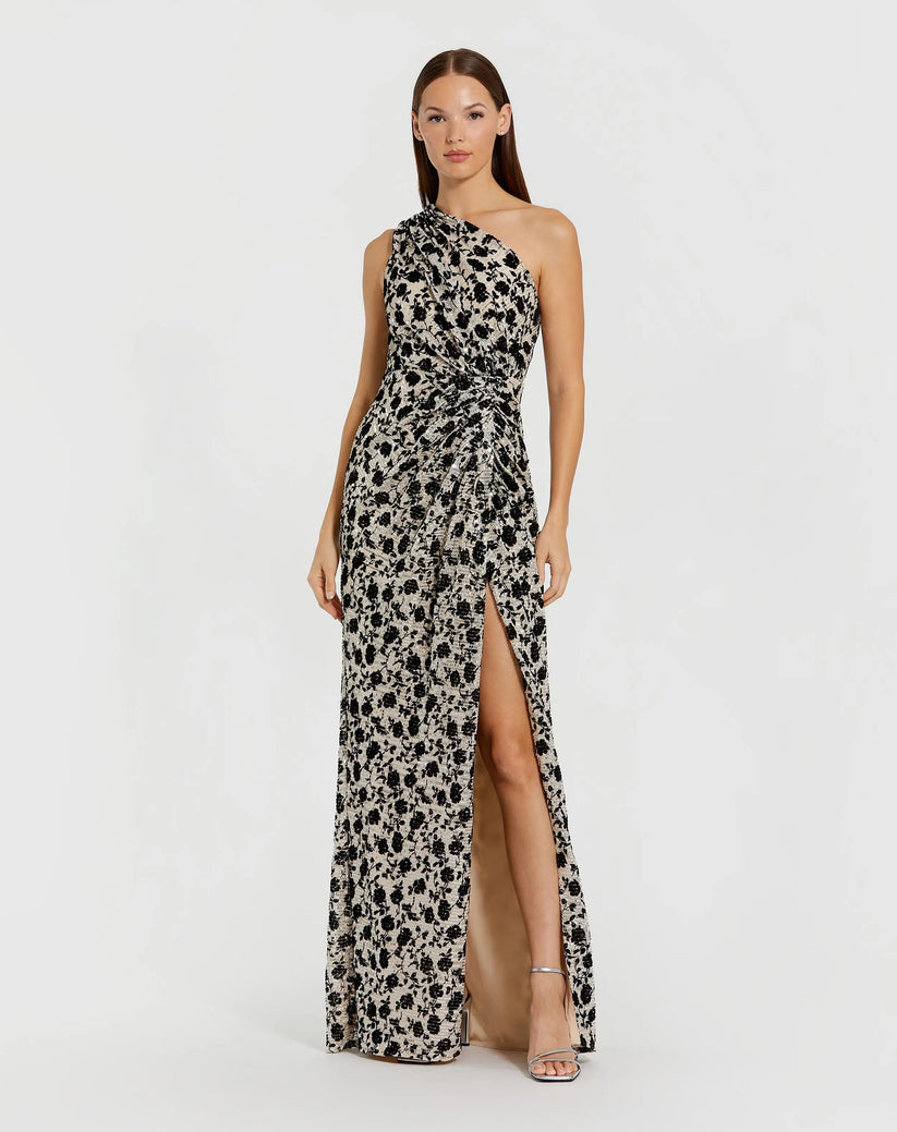 Ieena Duggal 27626 - Floral Velvet Detail One Shoulder Dress In Neutral