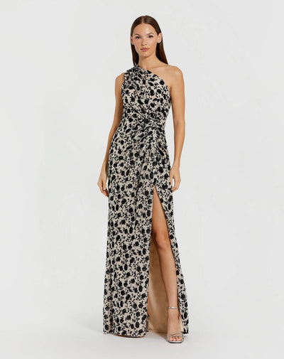 Ieena Duggal 27626 - Floral Velvet Detail One Shoulder Dress In Neutral