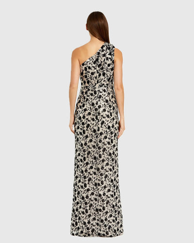 Ieena Duggal 27626 - Floral Velvet Detail One Shoulder Dress In Neutral