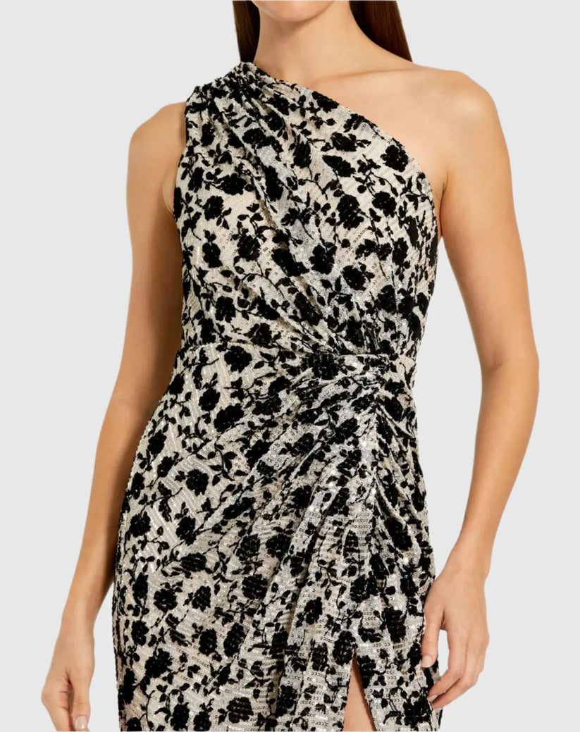 Ieena Duggal 27626 - Floral Velvet Detail One Shoulder Dress In Neutral