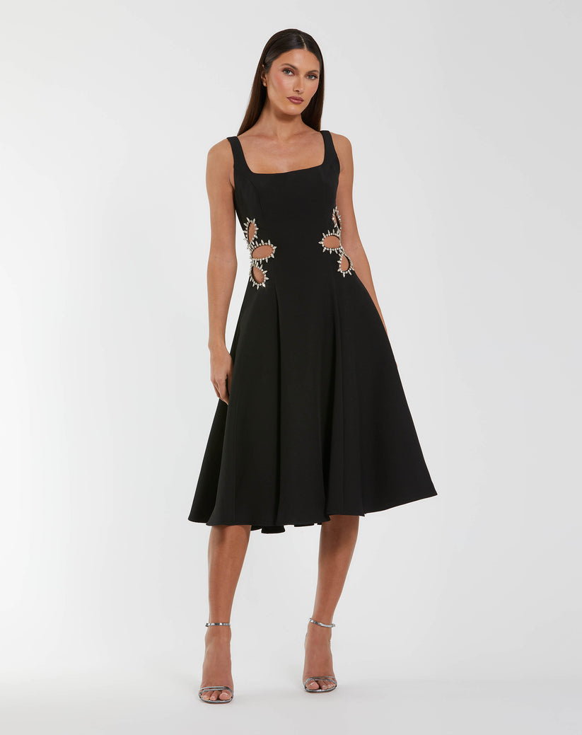 Ieena Duggal 27656 - Rhinestone Trim Cutout A-Line Dress In Black