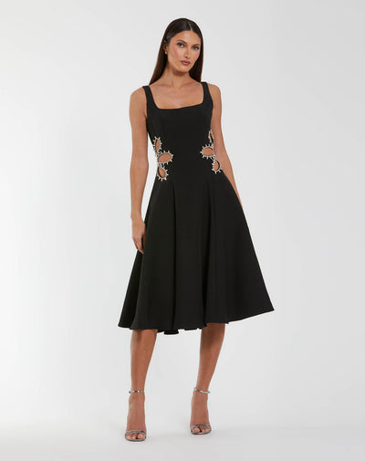 Ieena Duggal 27656 - Rhinestone Trim Cutout A-Line Dress In Black