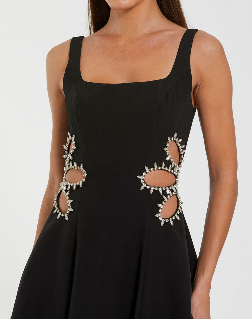 Ieena Duggal 27656 - Rhinestone Trim Cutout A-Line Dress In Black