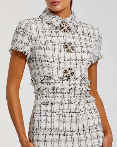 Mac Duggal 27660 - Boucle Short Sleeve Knee-Length Dress In White