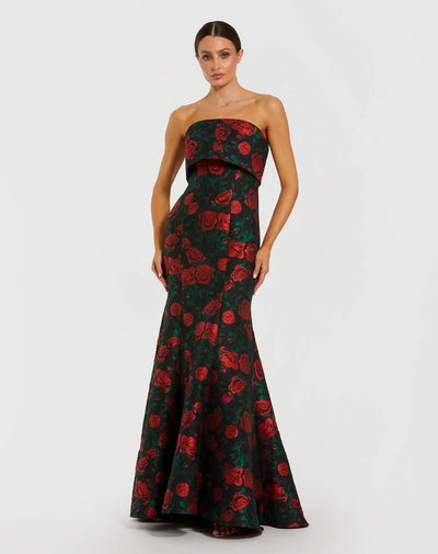 Ieena Duggal 27679 - Strapless Floral Brocade Trumpet Gown In Black and Multi