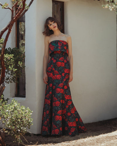Ieena Duggal 27679 - Strapless Floral Brocade Trumpet Gown In Black and Multi