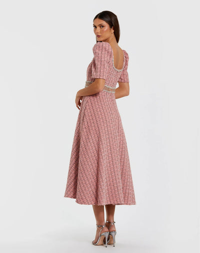 Mac Duggal 27687 - Tea-Length Boucle Puff Sleeve Dress In Pink and Multi