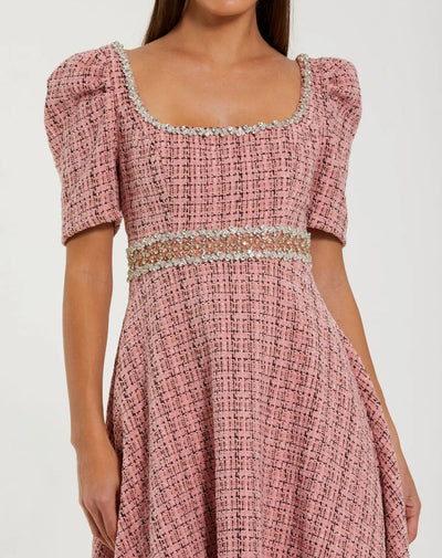 Mac Duggal 27687 - Tea-Length Boucle Puff Sleeve Dress In Pink and Multi