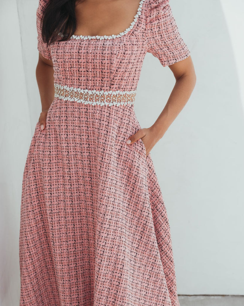 Mac Duggal 27687 - Tea-Length Boucle Puff Sleeve Dress In Pink and Multi
