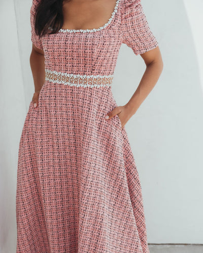 Mac Duggal 27687 - Tea-Length Boucle Puff Sleeve Dress In Pink and Multi