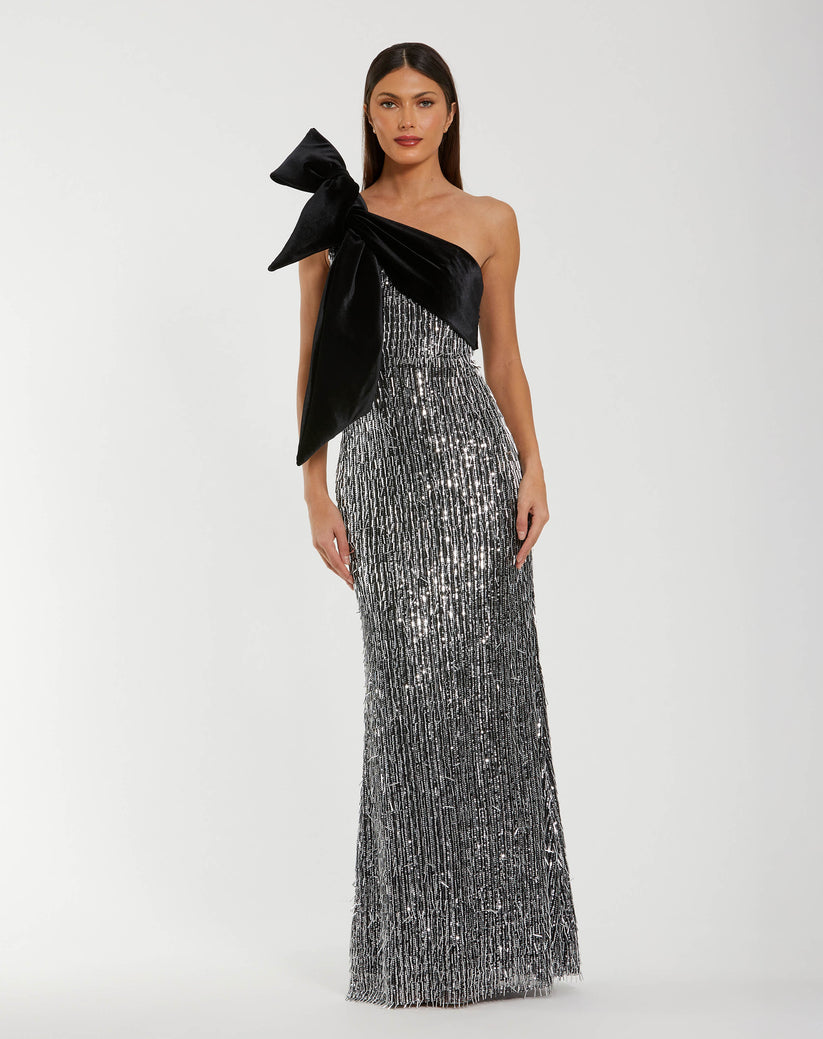 Ieena Duggal 27690 - Sequin Embellished Velvet Bow Long Dress Formal Gowns in Black and Silver