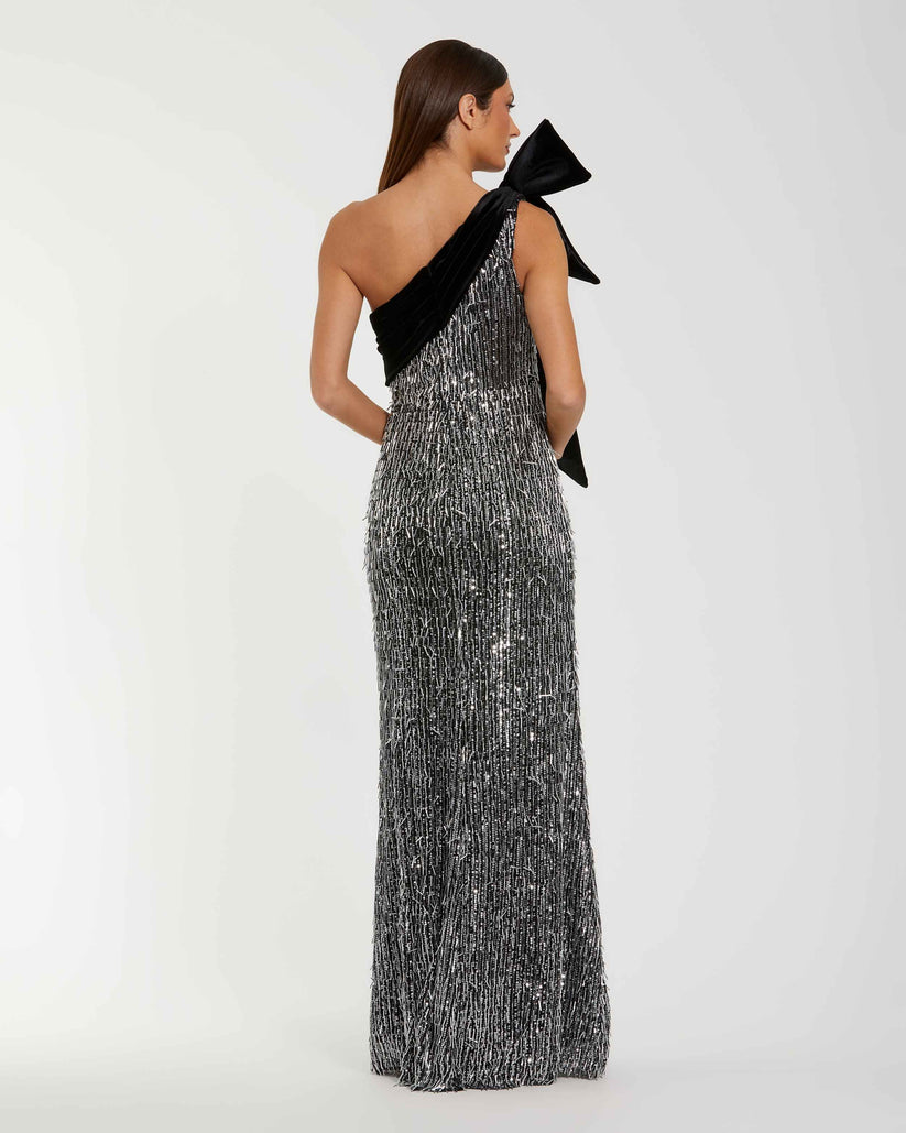 Ieena Duggal 27690 - Sequin Embellished Velvet Bow Long Dress Formal Gowns in Black and Silver