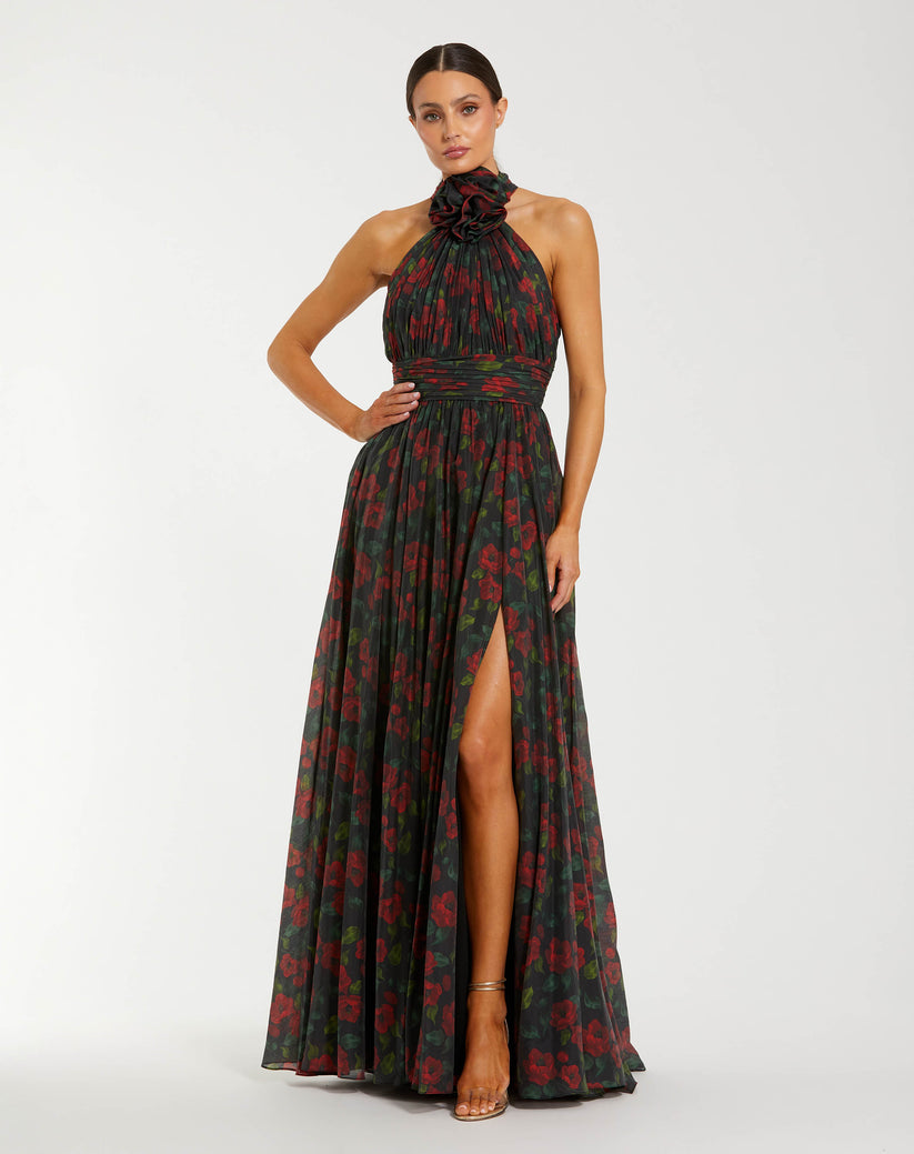 Ieena Duggal 27692 - Floral Print High Halter Evening Gown In Black and Multi