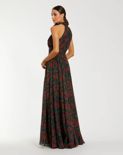 Ieena Duggal 27692 - Floral Print High Halter Evening Gown In Black and Multi