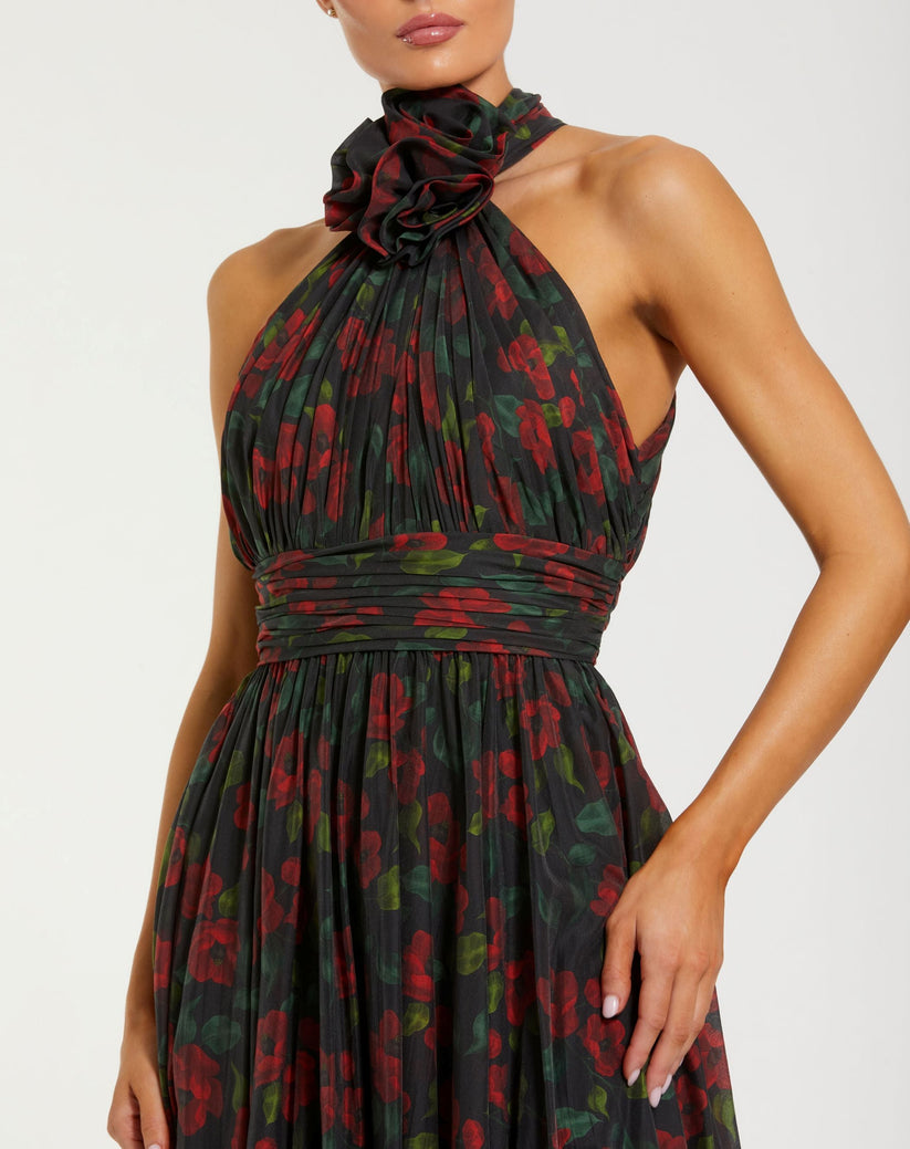 Ieena Duggal 27692 - Floral Print High Halter Evening Gown In Black and Multi