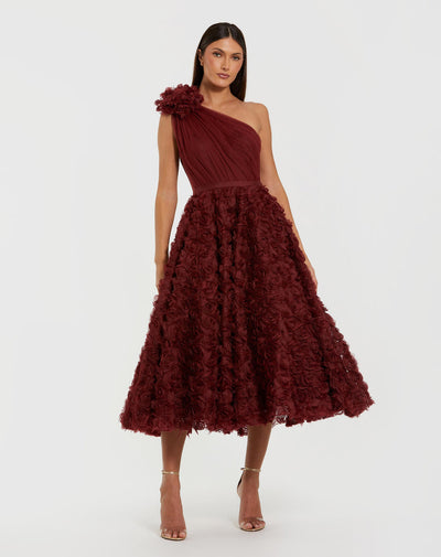 Ieena Duggal 27698 - Rosette Tea-Length One Shoulder Dress In Red