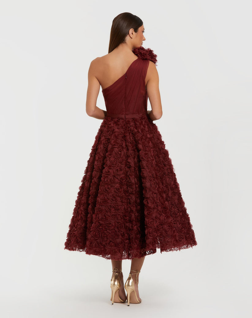 Ieena Duggal 27698 - Rosette Tea-Length One Shoulder Dress In Red