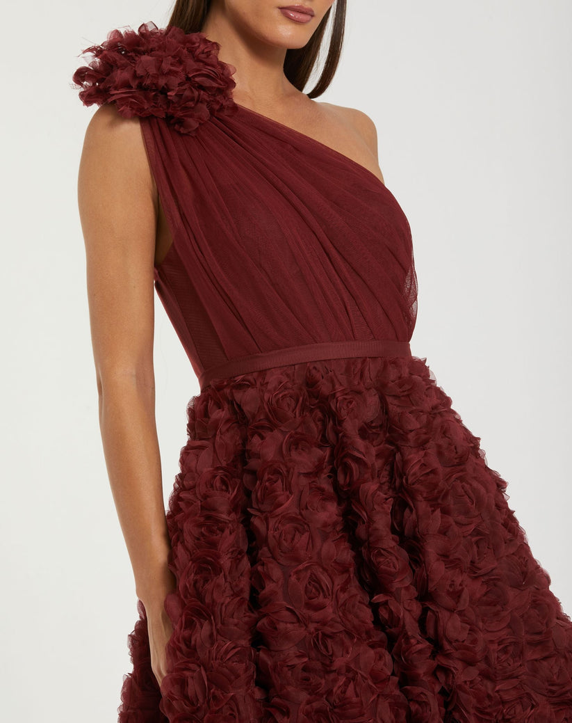 Ieena Duggal 27698 - Rosette Tea-Length One Shoulder Dress In Red